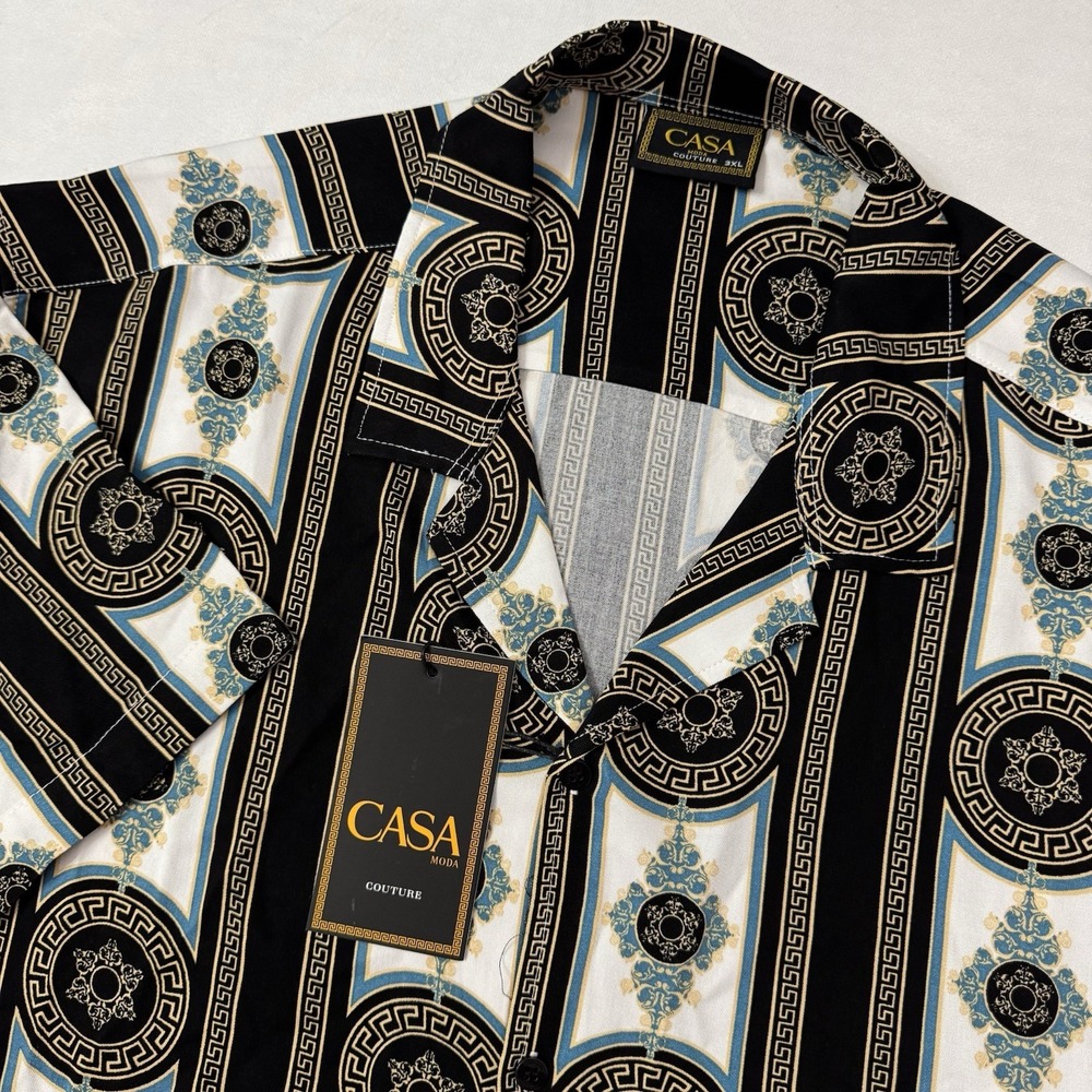 Casa Moda Shirt Men 3XLT‎ Teal Gold SS Button Up Rayon Luxury Baroque Pattern
